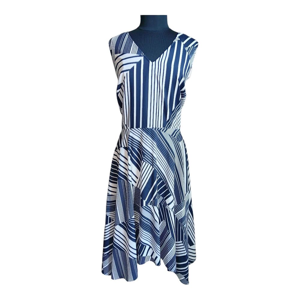 Julia Jordan White Navy Asymmetrical Hem Sleeveless Stripe Fit & Flare Dress 20W